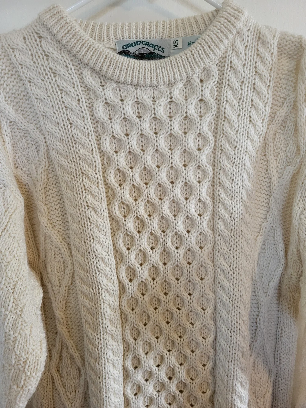 Aran Crafts 100% Wool Fisherman Chunky Cable Knit Crew Neck Sweater Cream Sz XS